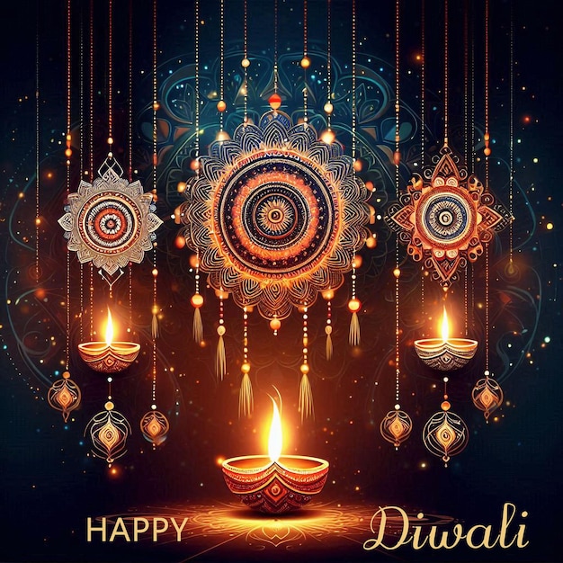 Illustration of burning diya on happy diwali holiday background and nice lighting