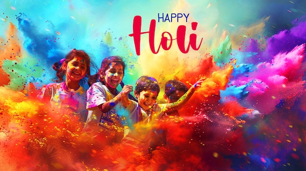 Illustration Of children and Colorful Gulal explosion background for Holi celebration banner design