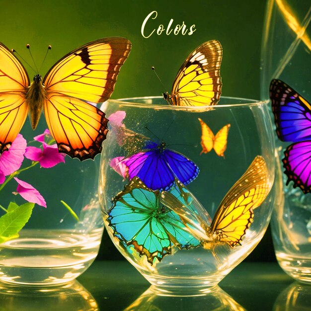 PSD an illustration of colorful butterflies in the circle glass