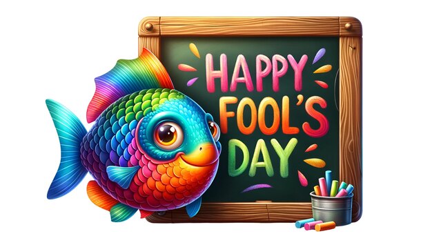 Illustration of colorful fish and a chalkboard with the inscription happy fools day