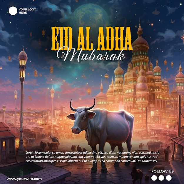 An illustration of a cow and a city with the words eid al adha in the middle.