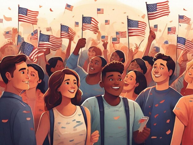 PSD illustration of crowd of people with american flags celebrating independence day