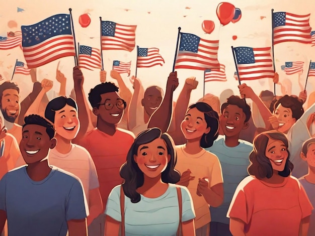 PSD illustration of crowd of people with american flags celebrating independence day