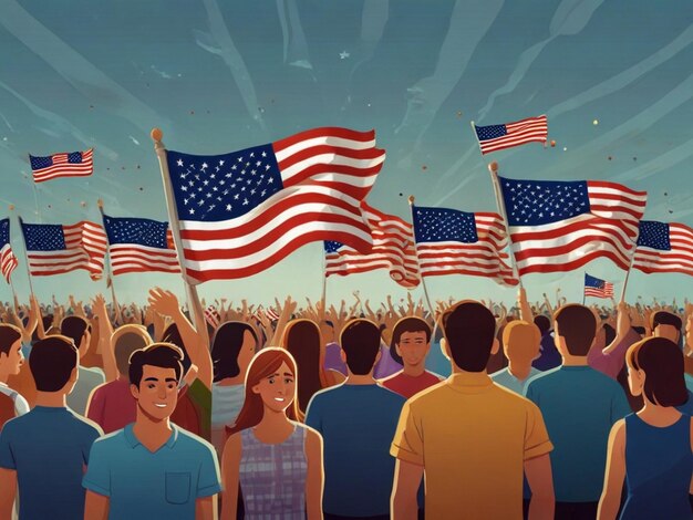 PSD illustration of crowd of people with american flags celebrating independence day