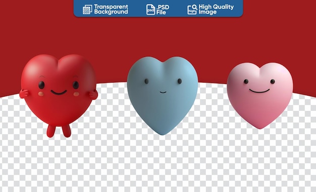 PSD illustration of cute 3d render red blue and pink heart cartoon character set