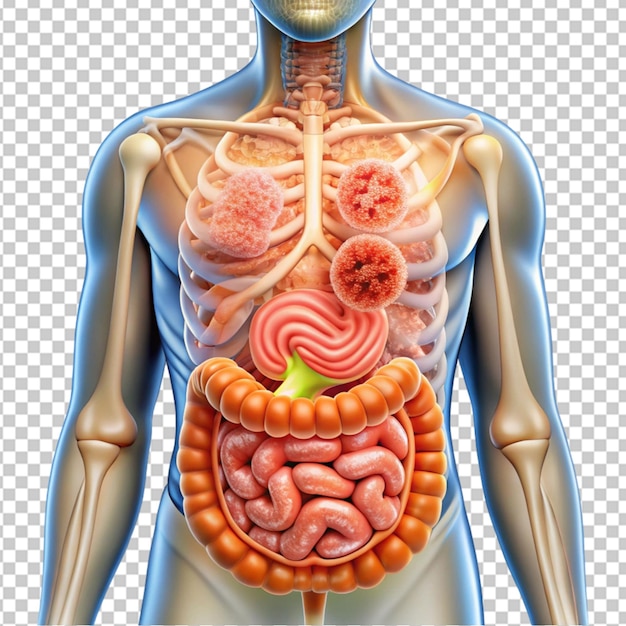 PSD an illustration depicting celiac disease visualizes the immune response in the gut on transparent background