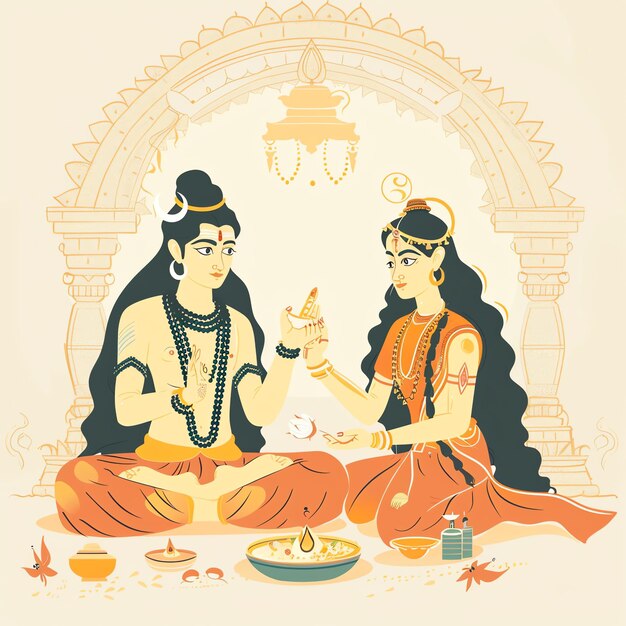 PSD illustration of goddess parvati and lord shiva in teej festival setting indian illustration