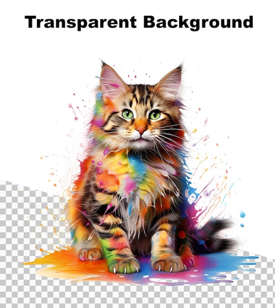 an illustration of a happy cat splashed with paint of many colors