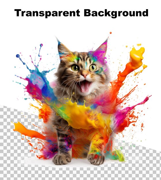 an illustration of a happy cat splashed with paint of many colors