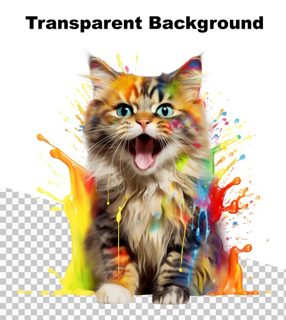 an illustration of a happy cat splashed with paint of many colors