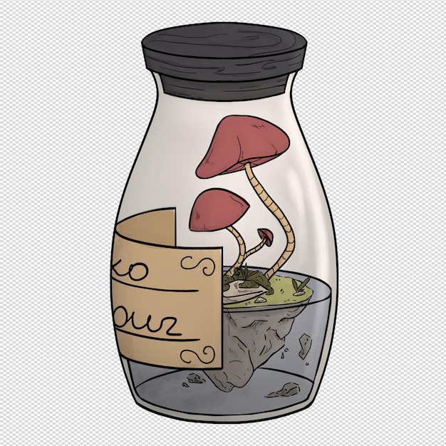 illustration of jar with mushrooms in blue liquid inside without background