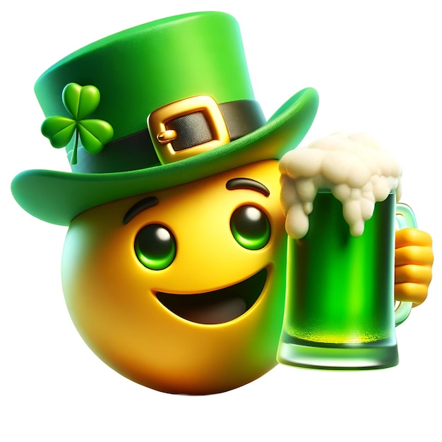 Illustration of leprechaun emoticon with mug of green beer