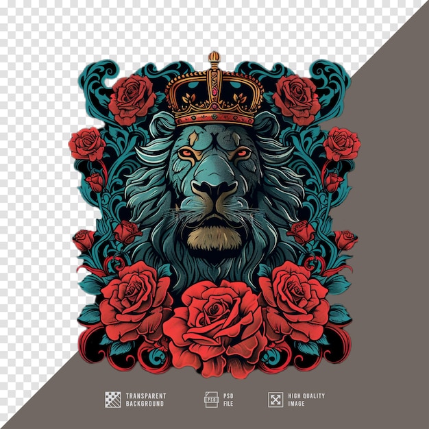 PSD illustration of a lions head surrounded by roses without background hd quality