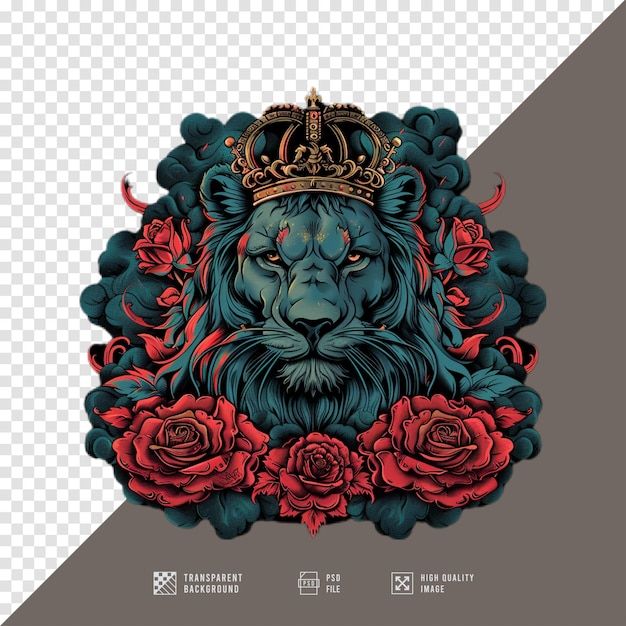 PSD illustration of a lions head surrounded by roses without background hd quality