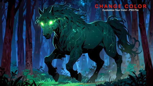 PSD illustration of a monstrous terrifying horselike creature dark magic and mythical beasts glowing