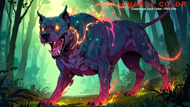 Illustration of a monstrous terrifying pitbull doglike creature dark magic and mythical beasts