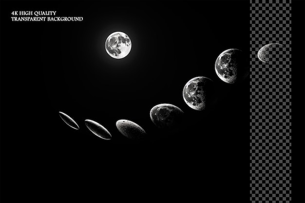 An illustration of the moons phases in black and white on transparent background