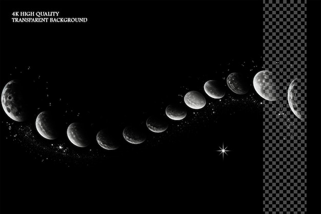 An illustration of the moons phases in black and white on transparent background