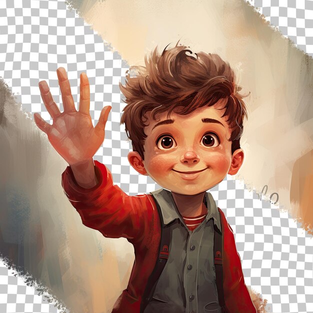 PSD illustration of a small boy in a red outfit saying hello transparent background