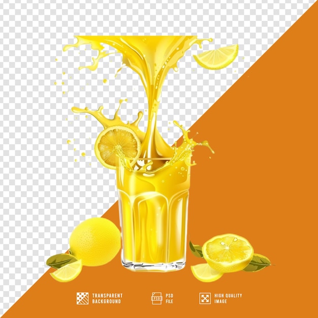 PSD illustration of splashing lemon juice in a glass without background hd quality