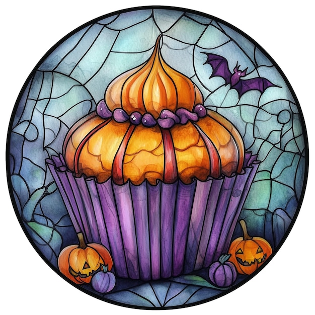 PSD illustration in stained glass style with a cupcake on a background of pumpkins and bats round image