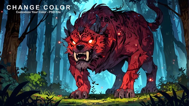 PSD illustration of a terrifying boxer doglike creature dark magic and mythical beasts glowing red