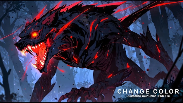 Illustration of a terrifying creature dark magic and mythical beasts glowing red markings