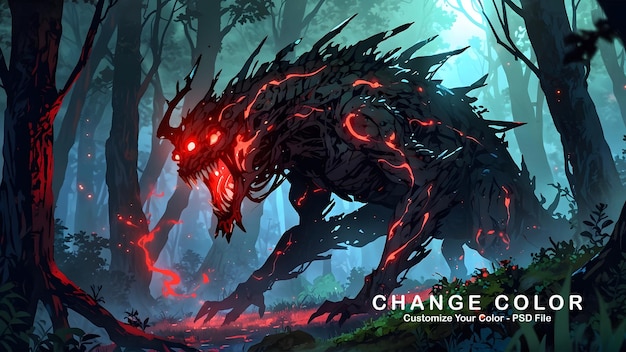 PSD illustration of a terrifying creature dark magic and mythical beasts glowing red markings