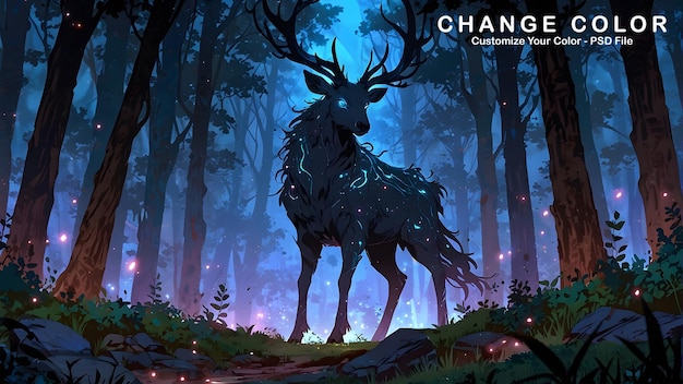 PSD illustration of a terrifying deerlike creature dark magic and mythical beasts glowing red marking