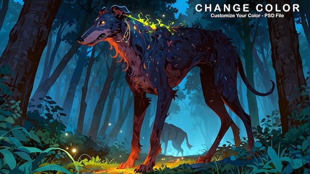 Illustration of a terrifying greyhound doglike creature dark magic and mythical beasts glowing