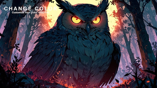 Illustration of a terrifying owllike creature dark magic and mythical beasts glowing red markings