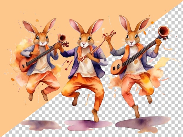 PSD illustration of three bold jumping hare