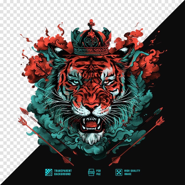 PSD illustration of a tiger wearing a crown without a background hd quality