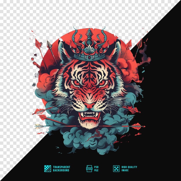 PSD illustration of a tiger wearing a crown without a background hd quality