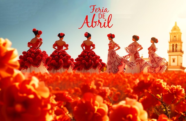 illustration with the word Feria de Abril with flamenco dresses