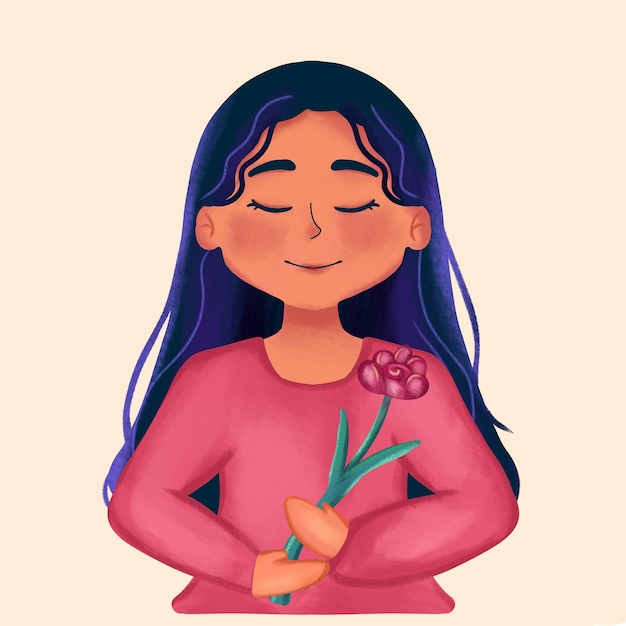 illustration of a woman with straight hair holding a bouquet of flowers