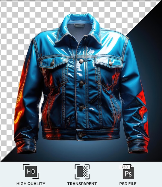 the image features a blue jacket with a silver zipper and a blue hood featuring a blue and red design the jacket is paired with a blue shirt and a blue pocket