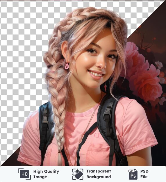 the image features a close up of a girls face with a pink flower in the foreground the girl has long blond hair and a brown eye and is wearing a pink shirt