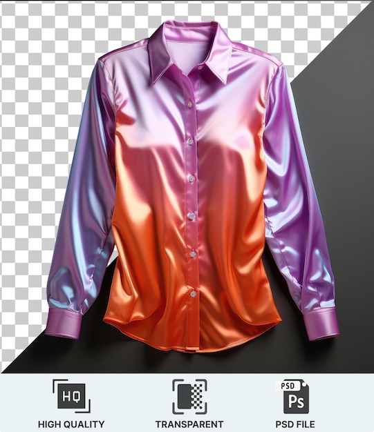 the image features a purple shirt with silver and white buttons worn by a person with a long arm the shirt is adorned with a pink and purple color scheme and is paired with a long sleeve