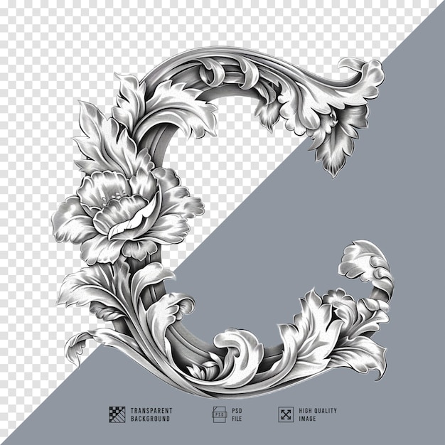 PSD image of letter c carved with flowers without background hd quality