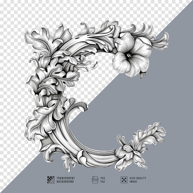 PSD image of letter c carved with flowers without background hd quality