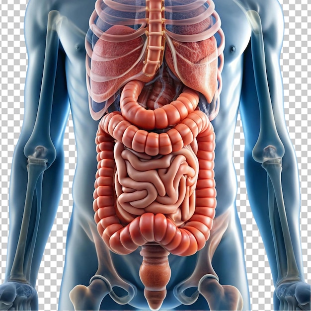 The image shows a closeup of a person39s intestines on transparent background