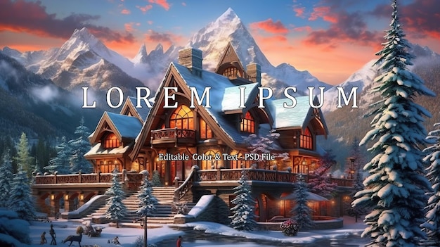 Immerse yourself in the enchantment of winter with this breathtaking 3D illustration featuring an exquisite winter chalet nestled in a snow kissed paradise