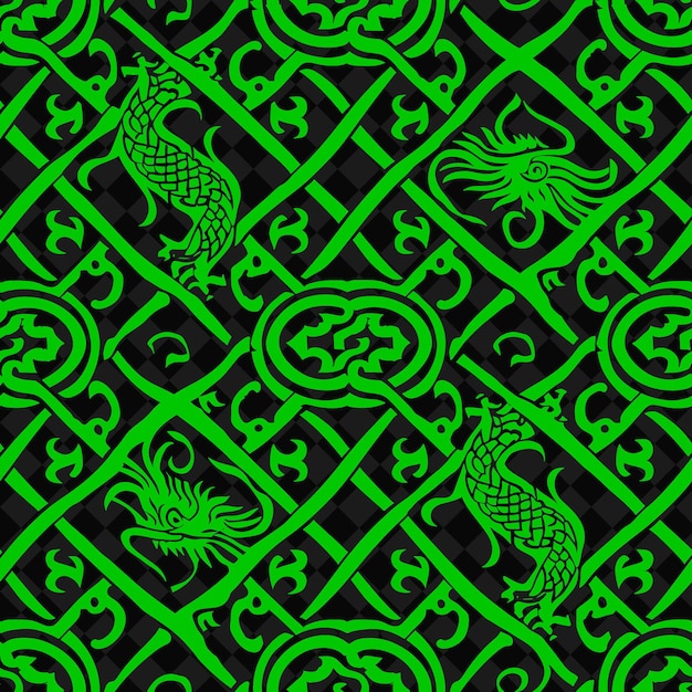 Imperial Trellis Pattern With Dragon Icon and Interconnected Abstract Natural Pattern Vector Design