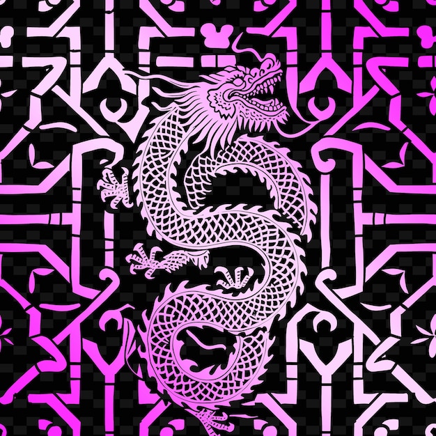 Imperial Trellis Pattern With Dragon Icon and Interconnected Nature Inspired Abstract Outline Art