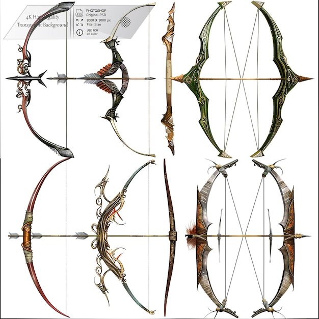 PSD includes different bow types with realistic string tension on transparent background