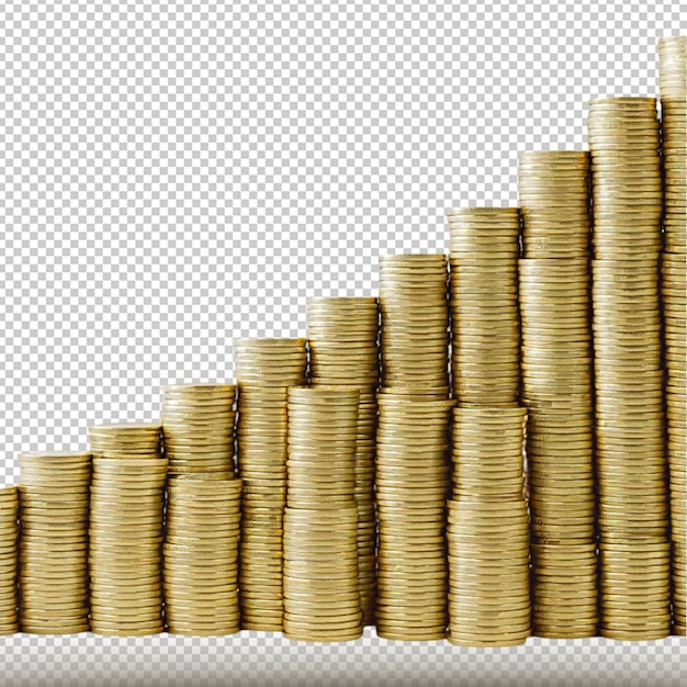 Increasingly higher stacks of gold coins isolated on transparent background