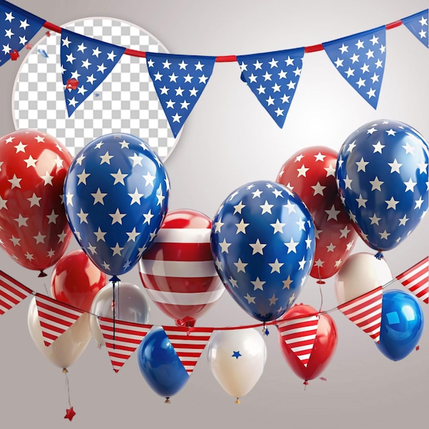 Independence day background with stars and balloons in blue red on transparent background