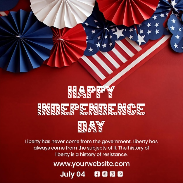 PSD independence day concept american flag style papercut festoon decoration on red texture background