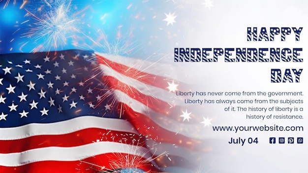 PSD independence day concept american flag waving with fireworks decoration on light blue background